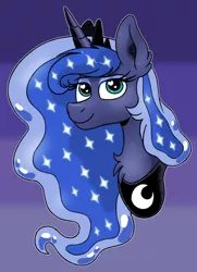 Size: 600x828 | Tagged: safe, artist:pink-pone, derpibooru import, princess luna, alicorn, pony, bust, crown, ethereal mane, female, gradient background, jewelry, mare, regalia, smiling, solo, starry mane