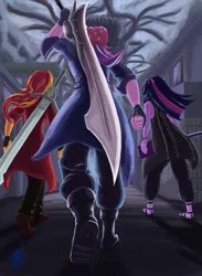 Size: 945x1294 | Tagged: safe, artist:animana21, derpibooru import, starlight glimmer, sunset shimmer, twilight sparkle, equestria girls, book, boots, clothes, coat, counterparts, dante (devil may cry), devil may cry, devil may cry 5, fingerless gloves, gloves, hat, magical trio, nero (devil may cry), rebellion (devil may cry), red queen, shoes, sword, toque, twilight's counterparts, v (devil may cry), weapon