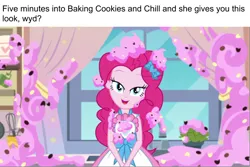 Size: 960x642 | Tagged: safe, derpibooru import, edit, edited screencap, editor:countcoltnackh, screencap, pinkie pie, equestria girls, equestria girls series, the craft of cookies, spoiler:eqg series (season 2), bedroom eyes, bow, bronybait, caption, chocolate chips, cookie, curtains, cute, diapinkes, exploitable meme, female, food, frosting, image macro, looking at you, meme, solo, text, what do, window, wyd