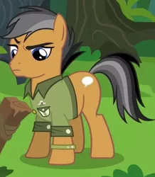 Size: 372x426 | Tagged: safe, derpibooru import, screencap, quibble pants, earth pony, pony, season 6, stranger than fan fiction, clothes, cropped, cutie mark, frown, looking down, male, raised eyebrow, solo, stallion, unamused