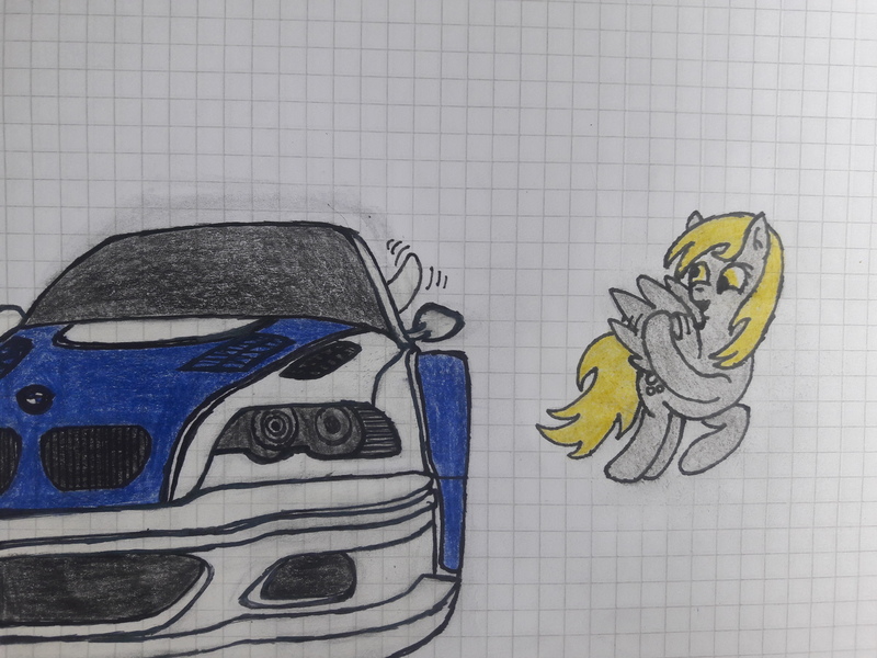 Size: 4128x3096 | Tagged: safe, artist:juani236, derpibooru import, derpy hooves, pegasus, pony, bmw, bmw m3, bmw m3 gtr, car, duo, flying, graph paper, high res, need for speed, traditional art, waving