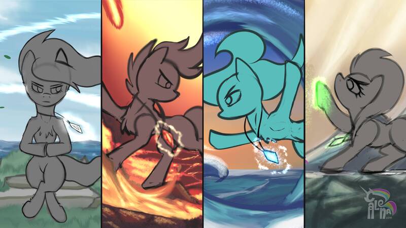 Size: 5760x3240 | Tagged: safe, artist:calena, derpibooru import, elemental, elemental pony, pony, advertisement, colored sketch, commission, earth, fire, jewelry, random pony, water, wind, ych example, your character here