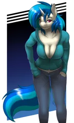 Size: 1210x2000 | Tagged: suggestive, artist:skipsy, derpibooru import, vinyl scratch, anthro, unicorn, absolute cleavage, breasts, busty vinyl scratch, cleavage, clothes, female, hands in pockets, hoodie, looking at you, mare, no bra underneath, pants, solo, solo female