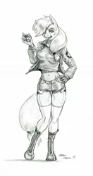Size: 700x1326 | Tagged: anime, anthro, applejack, artist:baron engel, belly button, clothes, crossover, derpibooru import, freckles, girls und panzer, grayscale, kay, midriff, monochrome, open mouth, pencil drawing, safe, saunders, shorts, simple background, solo, traditional art, unguligrade anthro, white background