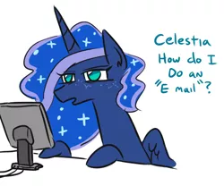 Size: 582x484 | Tagged: safe, artist:jargon scott, derpibooru import, princess luna, alicorn, pony, computer, constellation, constellation freckles, dialogue, email, female, freckles, mare, on the moon for too long, screen, simple background, solo, white background