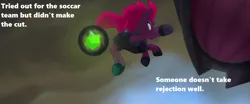 Size: 1280x535 | Tagged: airborne, darkness, derpibooru import, edit, edited screencap, energy ball, energy weapon, football, implied rejection, kick, my little pony: the movie, obsidian orb, safe, screencap, sports, tempest shadow, text, weapon