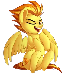 Size: 1705x1987 | Tagged: safe, artist:thegamblehorse, deleted from derpibooru, derpibooru import, spitfire, pegasus, pony, cheek fluff, cute, cutefire, female, one eye closed, open mouth, simple background, sitting, solo, spread wings, transparent background, wings, wink