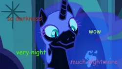 Size: 800x450 | Tagged: 1000 hours in ms paint, derpibooru import, doge, edit, edited screencap, meme, nightmare moon, notsobot, safe, screencap, solo, text, the cutie re-mark