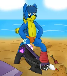 Size: 5200x5850 | Tagged: suggestive, artist:tacomytaco, derpibooru import, oc, oc:darth zion, oc:jayden, unofficial characters only, earth pony, pony, atomic wedgie, beach, belly button, bipedal, bully, bullying, chest fluff, clothes, crotch bulge, gritted teeth, pain, partial nudity, sand castle, speedo, swimsuit, topless, towel, water, wedgie