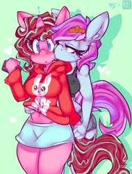 Size: 2308x3044 | Tagged: suggestive, artist:bbsartboutique, artist:ruef, derpibooru import, oc, oc:arcade cabinet, oc:joy stick, unofficial characters only, anthro, earth pony, unicorn, anthro oc, blushing, breasts, clothes, erect nipples, female, holding hands, hoodie, kiss on the cheek, kissing, lesbian, miniskirt, nipple outline, phone, shorts, skirt, tanktop, thighs