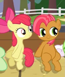 Size: 519x614 | Tagged: safe, derpibooru import, screencap, apple bloom, babs seed, earth pony, pony, apple family reunion, adorababs, adorabloom, bow, cousins, cropped, cute, female, filly, freckles, hair bow, sitting, smiling