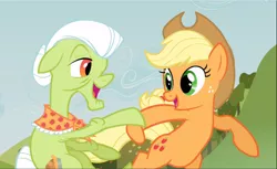 Size: 1538x940 | Tagged: safe, derpibooru import, screencap, applejack, granny smith, earth pony, pony, apple family reunion, bipedal, cropped, dancing, elderly, female, freckles, grandmother and grandchild, grandmother and granddaughter, mare, raised hoof, smiling, twirl