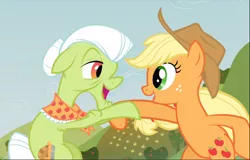 Size: 1468x940 | Tagged: safe, derpibooru import, screencap, applejack, granny smith, earth pony, pony, apple family reunion, bipedal, cropped, dancing, elderly, female, freckles, grandmother and grandchild, grandmother and granddaughter, looking at each other, mare, open mouth, smiling, twirl