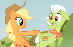Size: 1452x939 | Tagged: safe, derpibooru import, screencap, applejack, granny smith, earth pony, pony, apple family reunion, bipedal, cropped, cutie mark, dancing, elderly, female, freckles, grandmother and grandchild, grandmother and granddaughter, mare, open mouth, smiling, twirl