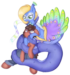 Size: 3165x3404 | Tagged: safe, artist:cha-squared, derpibooru import, oc, oc:precious feather, oc:sketchy dupe, lamia, original species, pony, clothes, coiling, coils, commission, duo, green eyes, hypnosis, hypnotized, lamiafied, pants, peacock pony, simple background, singing, species swap, tongue out, transparent background