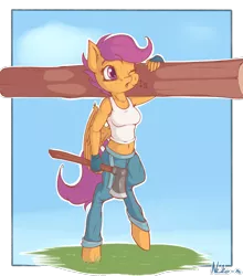 Size: 1200x1363 | Tagged: anthro, apple bloomers, artist:neko-me, axe, belly button, breasts, busty scootaloo, clothes, derpibooru import, female, fingerless gloves, gloves, jeans, log, midriff, older, one eye closed, pants, pegasus, safe, scootaloo, shirt, solo, sweat, tanktop, unguligrade anthro, weapon