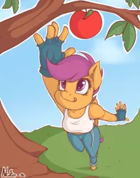 Size: 906x1152 | Tagged: safe, artist:neko-me, derpibooru import, scootaloo, anthro, pegasus, unguligrade anthro, apple bloomers, apple, apple tree, armpits, balancing, breasts, busty scootaloo, clothes, female, fingerless gloves, food, gloves, jeans, licking, licking lips, midriff, older, pants, reaching, shirt, solo, tanktop, tongue out, tree, weapon