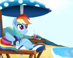 Size: 6900x5500 | Tagged: safe, artist:theretroart88, derpibooru import, rainbow dash, ponified, pegasus, pony, equestria girls, absurd resolution, beach, clothes, equestria girls outfit, equestria girls ponified, food, movie accurate, pepsi, soda, solo, swimsuit, umbrella, vacation