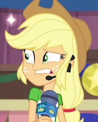 Size: 863x1078 | Tagged: safe, derpibooru import, screencap, applejack, best in show: the victory lap, equestria girls, equestria girls series, spoiler:eqg series (season 2), cropped, microphone, solo