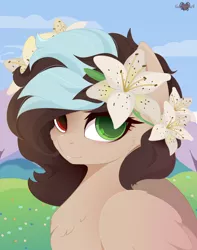 Size: 3000x3800 | Tagged: safe, artist:xsatanielx, derpibooru import, oc, unofficial characters only, pegasus, pony, bust, commission, female, flower, flower in hair, heterochromia, mare, portrait, rcf community, solo