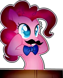 Size: 1444x1781 | Tagged: safe, artist:rachelclaradrawz, derpibooru import, pinkie pie, pony, bowtie, fake moustache, simple background, solo, transparent background