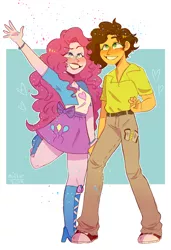 Size: 2868x4200 | Tagged: safe, artist:miffxn, derpibooru import, cheese sandwich, pinkie pie, equestria girls, cheesepie, clothes, confetti, converse, equestria girls-ified, female, male, pants, shipping, shirt, shoes, straight