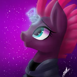 Size: 768x768 | Tagged: safe, artist:sweetkllrvane, derpibooru import, tempest shadow, pony, unicorn, armor, broken horn, bust, female, glowing horn, horn, looking up, magic, mare, night, profile, smiling, solo, stars