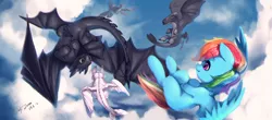 Size: 4920x2160 | Tagged: safe, artist:theprince, derpibooru import, rainbow dash, dragon, light fury, night fury, pegasus, pony, absurd resolution, cloud, crossover, cute, dashabetes, female, flying, four wings, how to train your dragon, how to train your dragon 3, mare, multiple wings, sky, spoilers for another series, toothless the dragon, wings