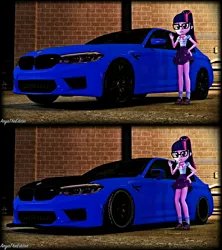 Size: 4208x4734 | Tagged: safe, artist:aryatheeditor, derpibooru import, sci-twi, twilight sparkle, equestria girls, equestria girls series, 3d, before and after, bmw, bmw 5-series, bmw f90, bmw m5, bowtie, brick wall, car, clothes, garage, geode of telekinesis, glasses, magical geodes, modified, ponytail, shoes, skirt, socks, solo, source filmmaker, wall, warehouse
