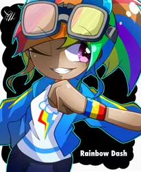 Size: 1504x1828 | Tagged: safe, artist:yuyutsuka_0130, derpibooru import, kotobukiya, rainbow dash, human, equestria girls, clothes, cute, dashabetes, female, goggles, humanized, jacket, kotobukiya rainbow dash, no nose, one eye closed, shirt, solo, wink