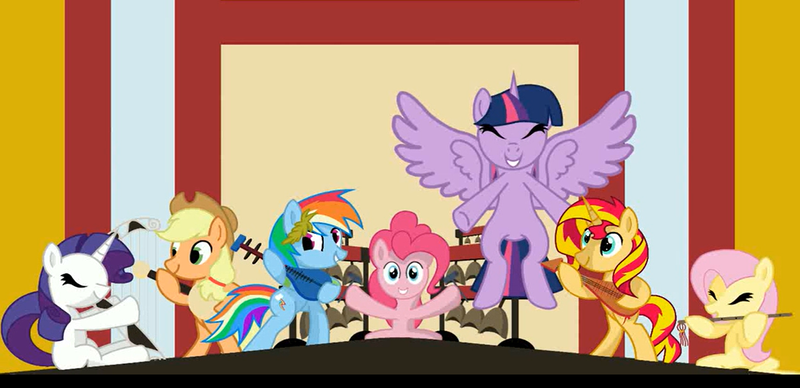 Size: 1366x662 | Tagged: safe, derpibooru import, applejack, fluttershy, pinkie pie, rainbow dash, rarity, sunset shimmer, twilight sparkle, twilight sparkle (alicorn), alicorn, pony, band, bell, chinese text, excited, flute, flying, lyre, mane six, musical instrument, orchestra, spread wings, wings, xd