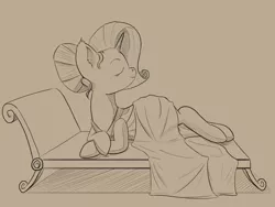 Size: 2000x1500 | Tagged: safe, artist:alloco, derpibooru import, rarity, pony, alternate hairstyle, clothes, dress, eyes closed, fainting couch, female, mare, monochrome, side, simple background, solo