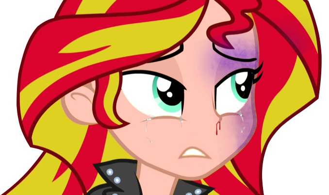 Size: 678x402 | Tagged: semi-grimdark, derpibooru import, edit, sunset shimmer, equestria girls, abuse, abuse edit, beware of duck, black eye, blood, crying, eqg abuse edits, human coloration, shimmerbuse