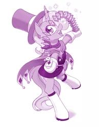 Size: 776x1000 | Tagged: safe, artist:dstears, derpibooru import, trixie, pony, unicorn, ace attorney, bipedal, cape, clothes, cosplay, costume, female, hat, hoof hold, looking at you, magician outfit, mare, monochrome, playing card, smiling, solo, sparkles, top hat, trucy wright