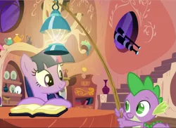 Size: 1289x940 | Tagged: safe, derpibooru import, screencap, spike, twilight sparkle, dragon, firefly (insect), insect, pony, unicorn, spike at your service, book, cropped, duo, female, firefly lamp, golden oaks library, helping, lantern, looking at each other, male, mare, reading, telescope, unicorn twilight