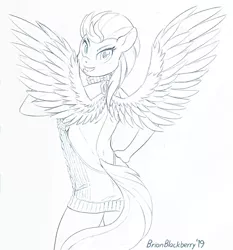 Size: 693x743 | Tagged: anthro, artist:brianblackberry, backless, breasts, clothes, derpibooru import, female, lightning dust, monochrome, open-back sweater, sketch, sleeveless, sleeveless sweater, solo, solo female, spread wings, suggestive, sweater, virgin killer sweater, wings