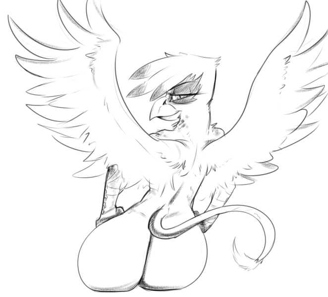 Size: 977x886 | Tagged: questionable, artist:duplicitousmachine, derpibooru import, gilda, anthro, gryphon, ass, black and white, butt, female, gildonk, grayscale, looking at you, looking back, looking back at you, monochrome, png, rear view, sketch, smiling, tail, wings