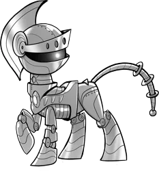 Size: 2371x2546 | Tagged: safe, artist:petirep, derpibooru import, oc, unofficial characters only, pony, robot, robot pony, buck legacy, armor, black and white, card art, grayscale, knight, monochrome, simple background, solo, transparent background