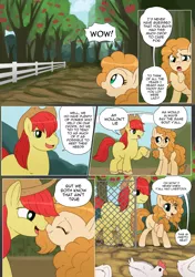 Size: 3541x5016 | Tagged: safe, artist:launny, derpibooru import, bright mac, pear butter, bird, chicken, earth pony, pony, comic:a dirty pear, apple orchard, boop, chicken coop, comic, couple, farm, female, male, mare, missing cutie mark, newlywed, orchard, stallion, sweet apple acres, tour