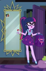 Size: 465x720 | Tagged: safe, derpibooru import, screencap, sci-twi, spike, spike the regular dog, timber spruce, twilight sparkle, dog, equestria girls, equestria girls series, star crossed, backpack, clothes, female, geode of telekinesis, glasses, legs, magical geodes, male, mirror, offscreen character, picture frame, ponytail, shoes, skirt, socks