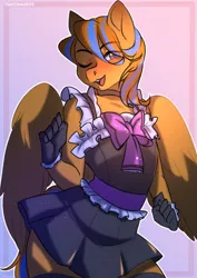 Size: 2894x4093 | Tagged: anthro, artist:yukomaussi, blushing, bow, choker, clothes, crossdressing, derpibooru import, dress, frills, gloves, looking at you, male, oc, oc:cold front, one eye closed, pegasus, safe, simple background, smiling, solo, wink