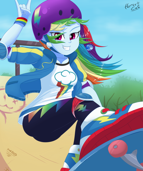 Size: 2500x3000 | Tagged: safe, artist:horsecat, derpibooru import, rainbow dash, equestria girls, equestria girls series, sic skateboard, spoiler:eqg series (season 2), clothes, converse, cute, dashabetes, devil horn (gesture), elbow pads, female, geode of super speed, helmet, knee pads, magical geodes, shoes, skate park, skateboard, skateboarding, sneakers, solo