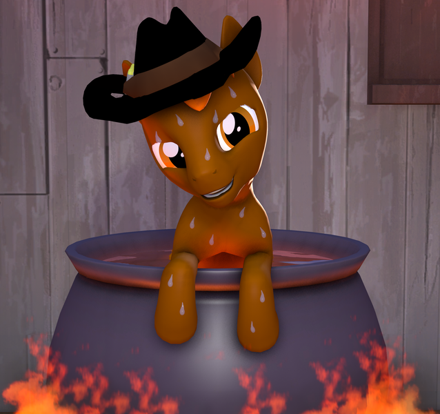Size: 2296x2160 | Tagged: safe, artist:awgear, derpibooru import, oc, oc:calamity, pegasus, pony, fallout equestria, 3d, black hat, brown coat, cauldron, cooked alive, cooking, fallout, fire, grin, hat, implied cannibalism, looking at you, male, orange eyes, orange mane, pony as food, smiling, source filmmaker, stallion, sweat, this will end in death, this will end in tears, this will end in tears and/or death