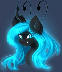 Size: 3840x4444 | Tagged: absurd resolution, artist:airiniblock, blue changeling, changeling, changeling oc, changeling queen, changeling queen oc, commission, cute, cute little fangs, derpibooru import, digital art, fangs, female, gradient background, looking at you, mare, oc, oc:queen fylifa, rcf community, safe, smiling, smirk, solo, unofficial characters only