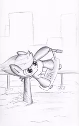 Size: 1524x2424 | Tagged: safe, artist:tunrae, derpibooru import, scootaloo, pony, ballpoint pen, female, filly, foal, scooter, simple background, sketch, solo, traditional art, water