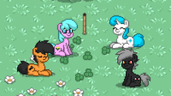 Size: 400x224 | Tagged: safe, derpibooru import, oc, oc:tape quintus, unofficial characters only, earth pony, pegasus, pony, unicorn, pony town, animated, ball of violence, clover, fight, four leaf clover, grumpy, prone, sitting, smiling