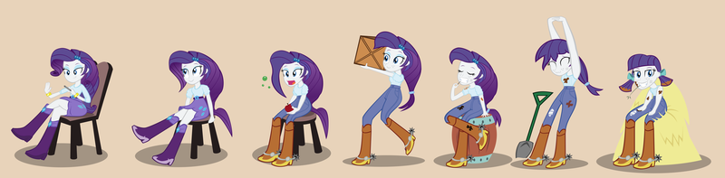 Size: 9419x2317 | Tagged: safe, artist:magerblutooth, derpibooru import, rarity, equestria girls, :3, absurd resolution, alternate hairstyle, apple, barrel, blue jeans, boots, box, burp, clothes, commission, cowboy boots, dirt, dirty, eyes closed, food, freckles, grin, hay stalk, haystack, image, jeans, mental shift, mud, nail file, open mouth, pants, personality change, pigtails, png, ponytail, rarihick, shirt, shoes, shovel, show accurate, simple background, sitting, skirt, smiling, solo, spurs, stains, stool, story included, straw in mouth, stretching, tanktop, teeth, toothpick, transformation, transformation sequence, transforming clothes, vector