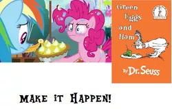 Size: 769x499 | Tagged: bags under eyes, bloodshot eyes, book, derpibooru import, dr. seuss, edit, edited screencap, exploitable meme, food, green eggs and ham, make it happen, meme, messy mane, pie, pinkie pie, rainbow dash, safe, screencap, secrets and pies