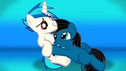 Size: 3840x2160 | Tagged: safe, artist:agkandphotomaker2000, derpibooru import, vinyl scratch, oc, oc:pony video maker, pegasus, pony, unicorn, canon x oc, cuddling, female, male, rule 63, shipping, straight, videoscratch