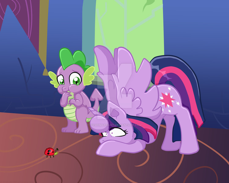 Size: 1024x819 | Tagged: safe, artist:yoshimarsart, derpibooru import, spike, twilight sparkle, twilight sparkle (alicorn), alicorn, dragon, insect, ladybug, pony, starlight the hypnotist, spoiler:interseason shorts, coccinellidaephobia, deviantart watermark, obtrusive watermark, twilight hates ladybugs, watermark, winged spike